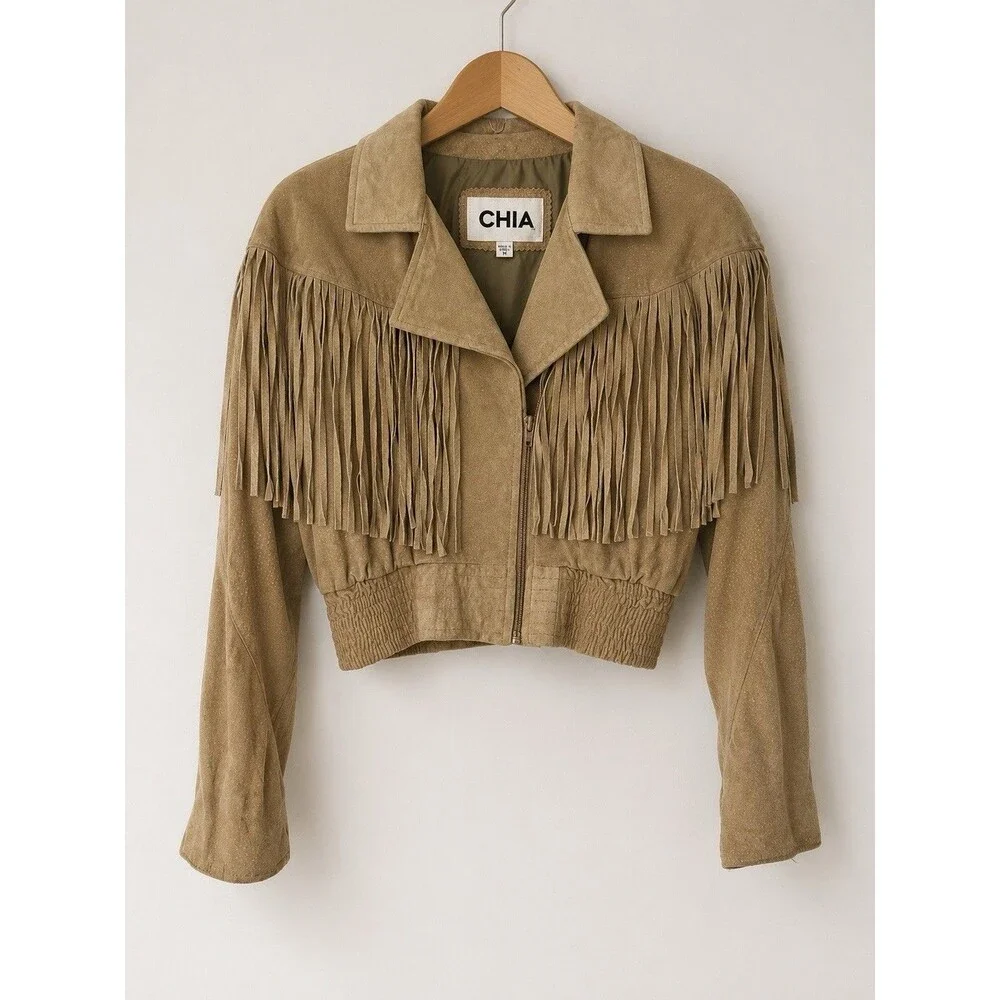 Vintage 80s Western Fringe Suede Leather Cropped Jacket Chia Boho Rodeo Cowgirl - Picture 1 of 16